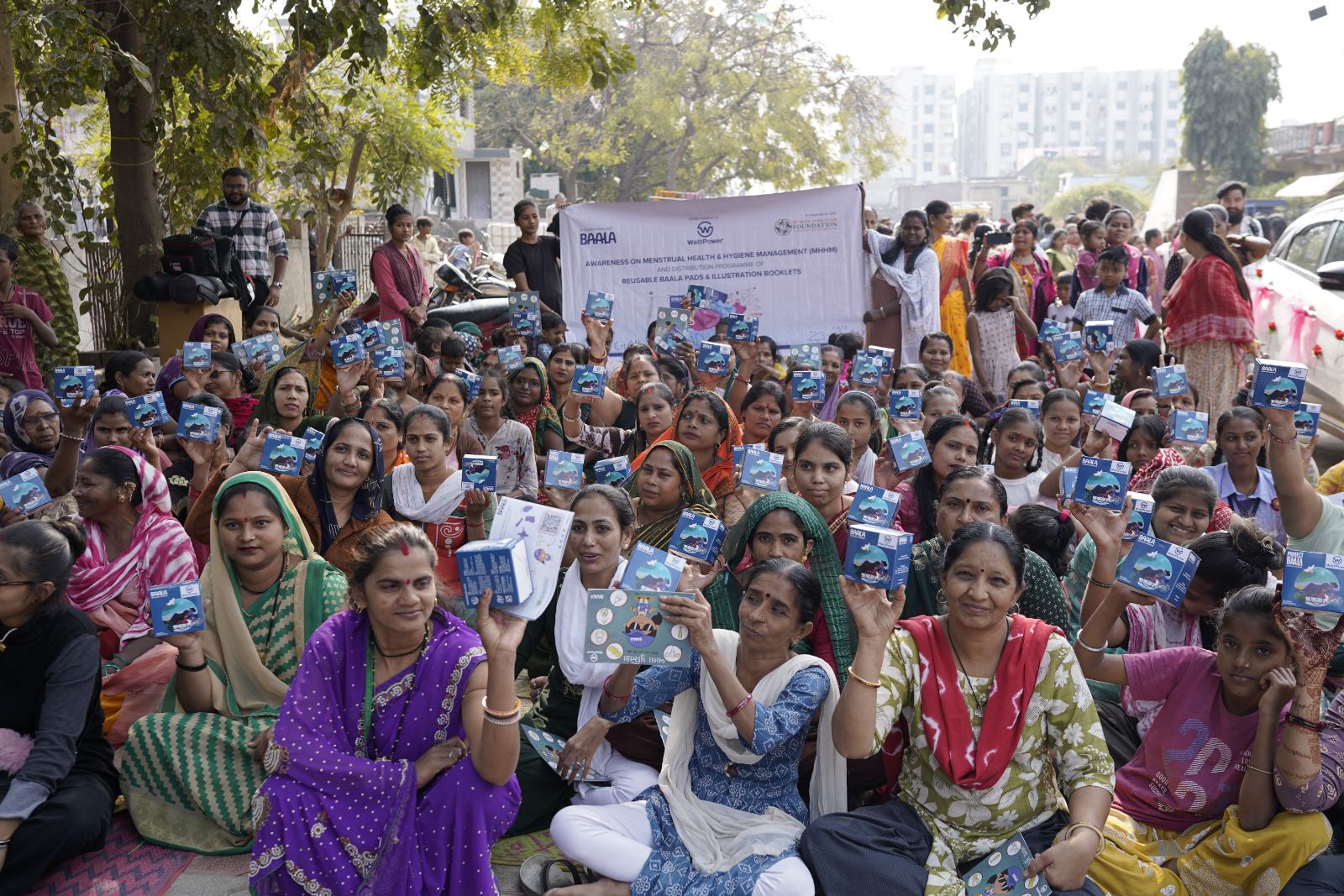 Community gathered for the pad distribution programme
